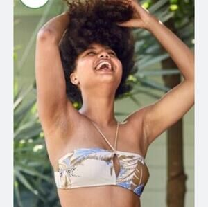 Aerie Keyhole Bandeau Bikini Top Blue Gold Tropical Palm Print Rope Strap, XS